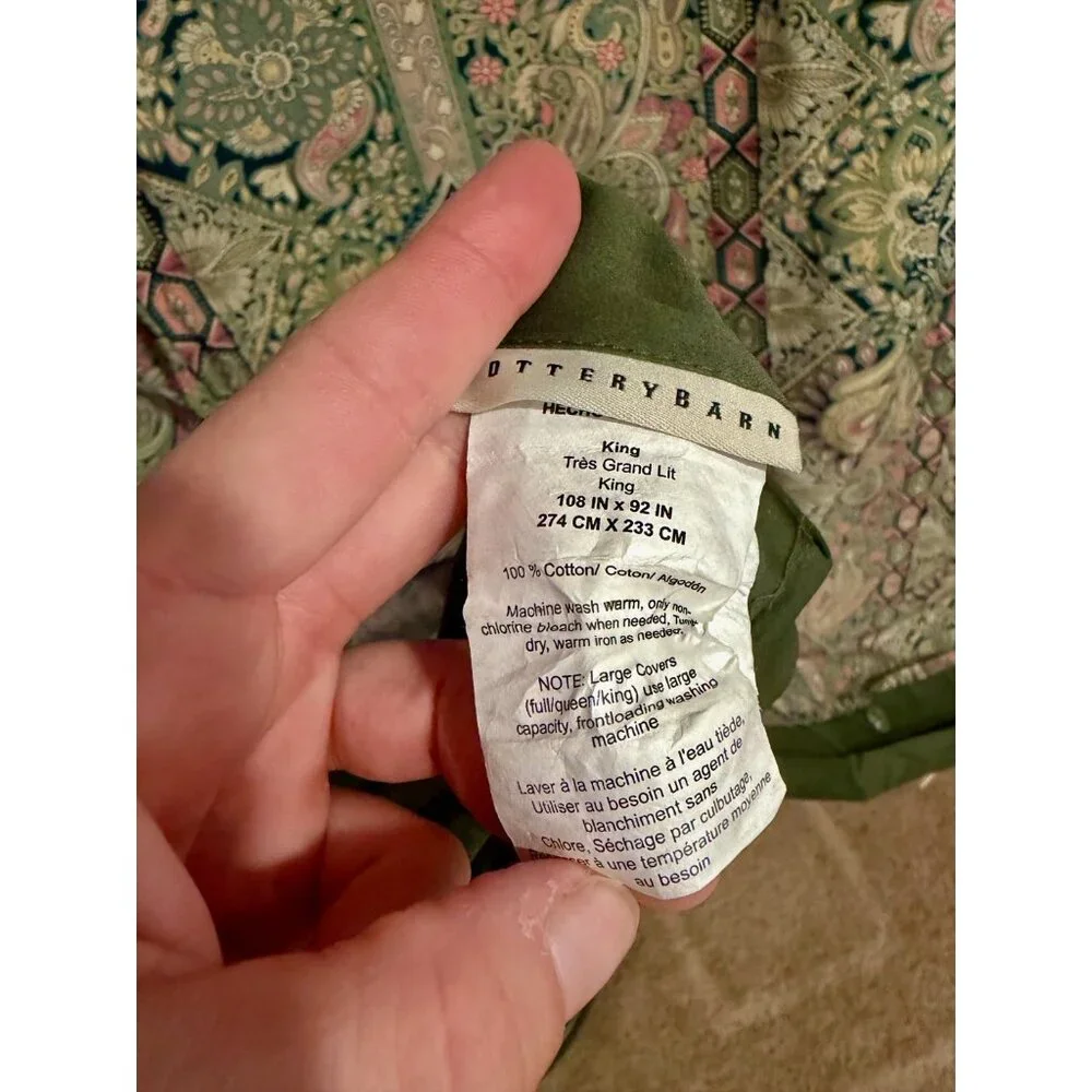Pottery Barn Jane Paisley King Duvet Cover Sage Green Floral Cotton‎ Percale